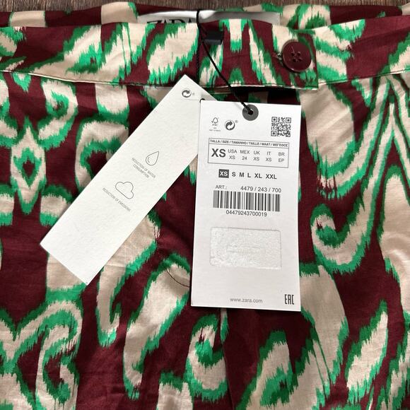 NWT Zara Printed Wide Leg Cotton Pants Sz XS Green & Brown 70s Boho - Picture 6 of 9